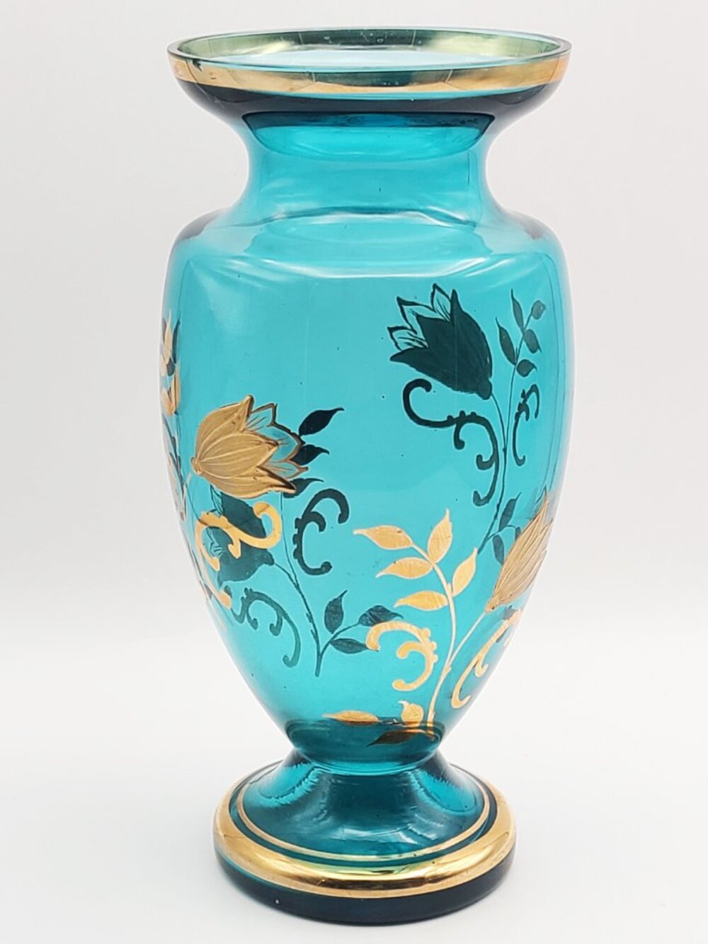 Vintage Bohemian Aqua Blue with Gold Overlay 10" Vase AS IS - Picture 3 of 11
